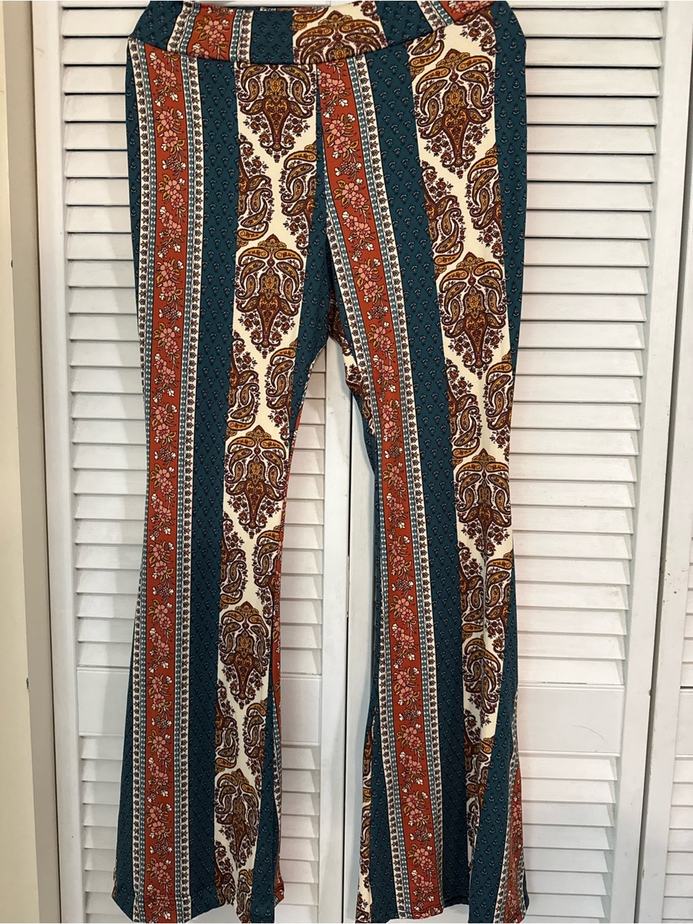 Three Bird Nest Bohemian Stripe Paisley Wide-Leg Pants - Teal, Rust & Cream